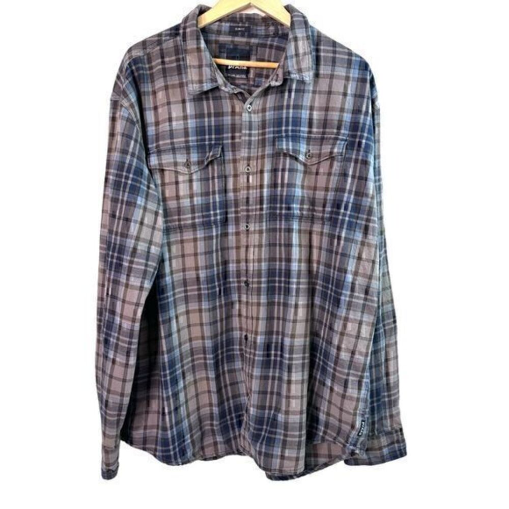 Prana Mens Plano Flannel Silver Spray Shirt Slim Fit Size XXL
